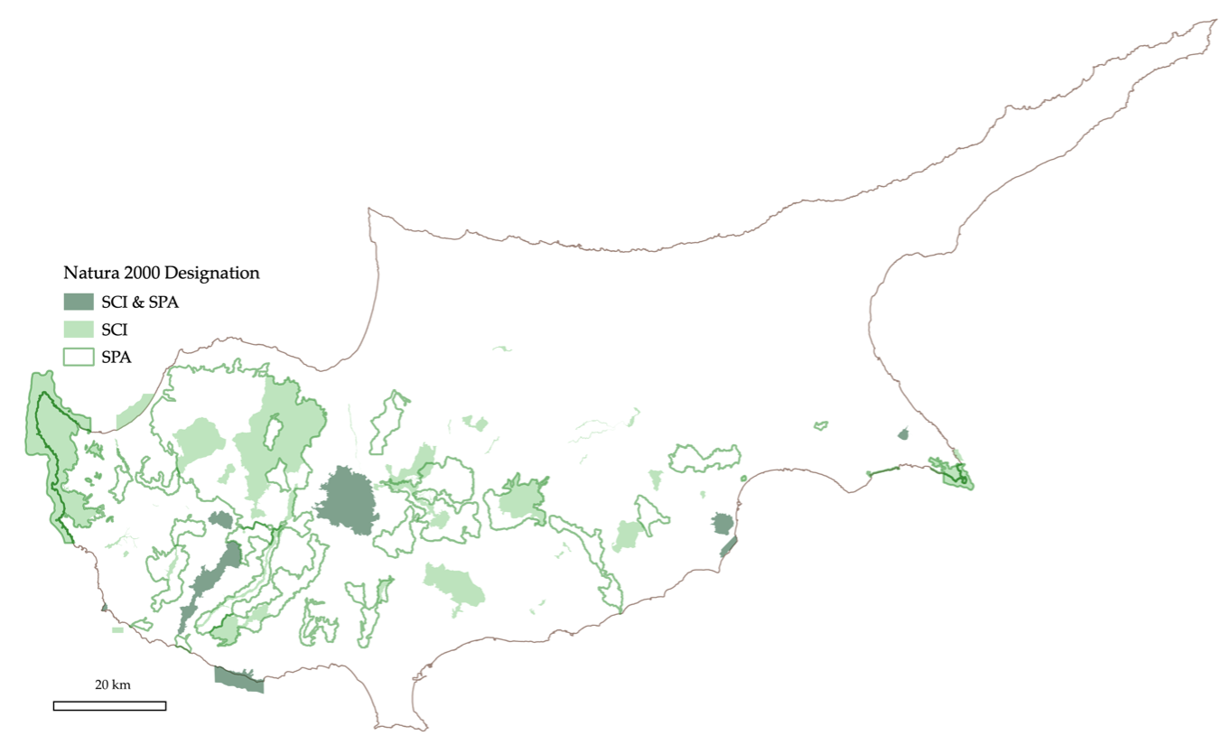 Map of Cyprus showing the distribution of Natura 2000 sites