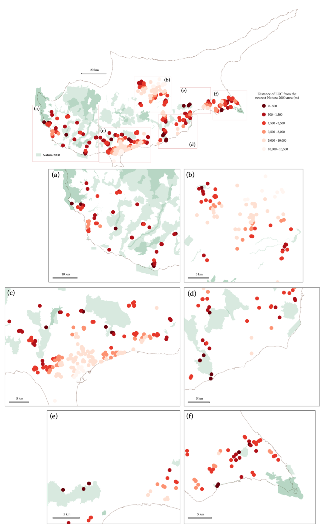 Detailed map visualizing the distance between any construction that took place between 2022-2023 and Natura 2000 sites in Cyprus.