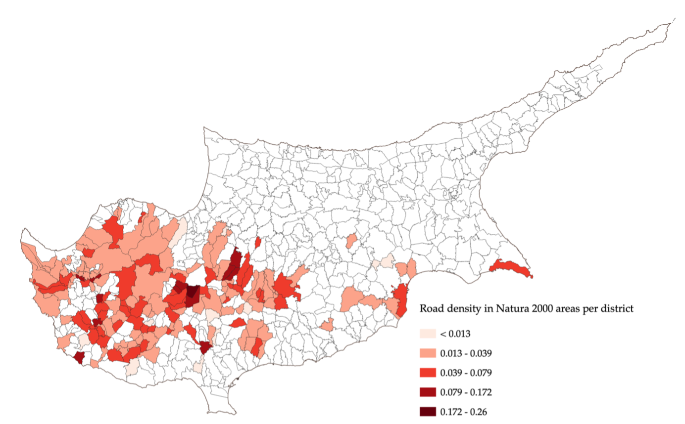 Map showing the relative road density within Natura 2000 areas per district of Cyprus.
